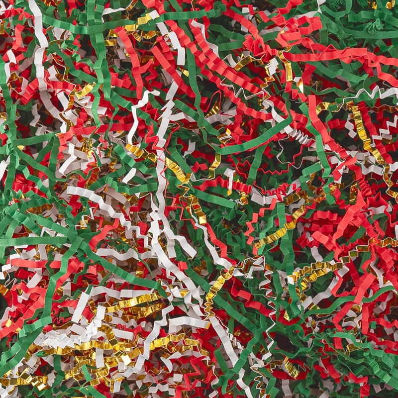 CIPOWM 10.6oz Christmas Crinkle Cut Paper Shred, 3 Colors Red Green Gold Raffia Paper Shred Filler Grass for Gift Wrapping Craft DIY Gift Bag Box Filling Party Supply - Image 1